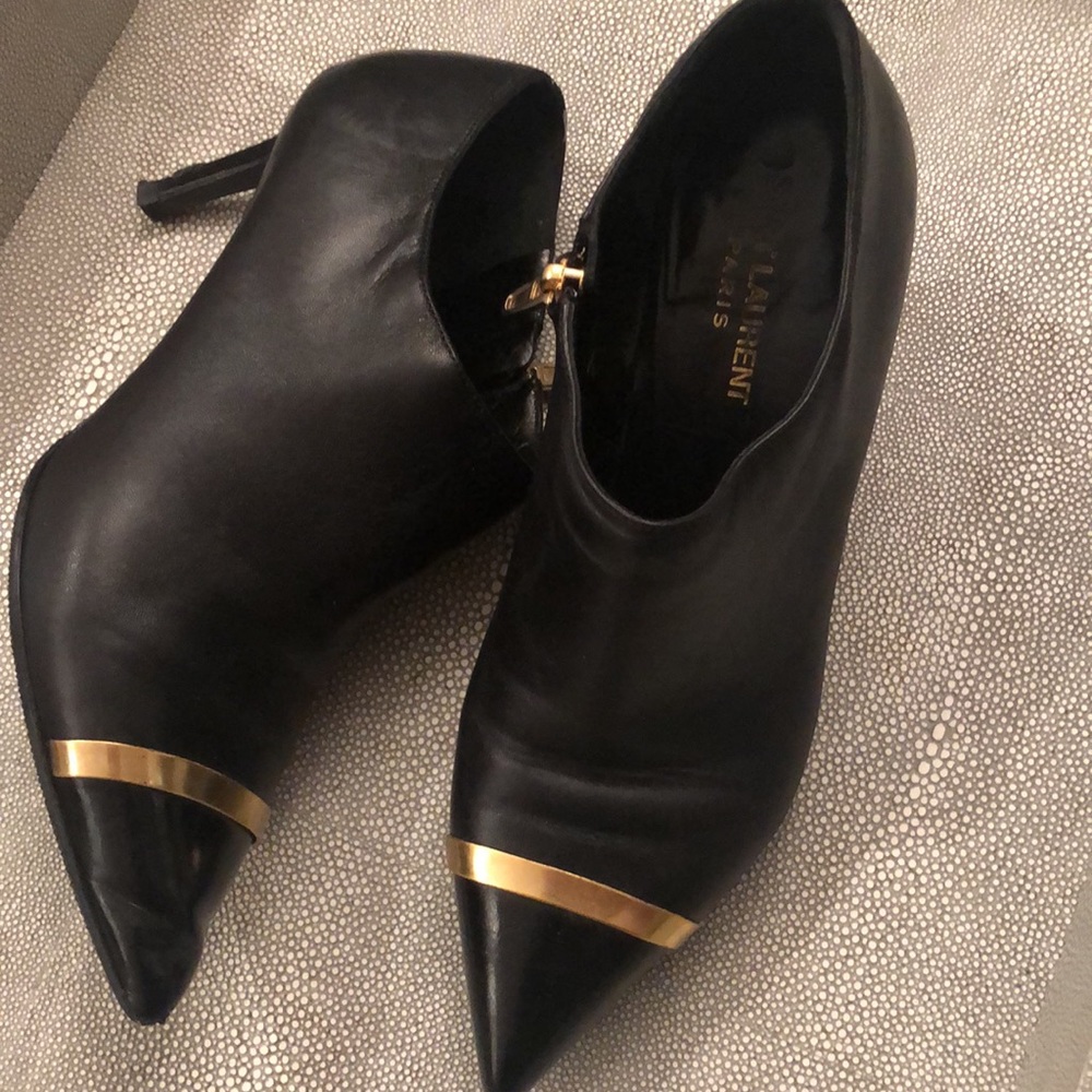 YSL Yves Saint Laurent Black Gold Leather Booties Size 38,heel 2.5 - Picture 6 of 9